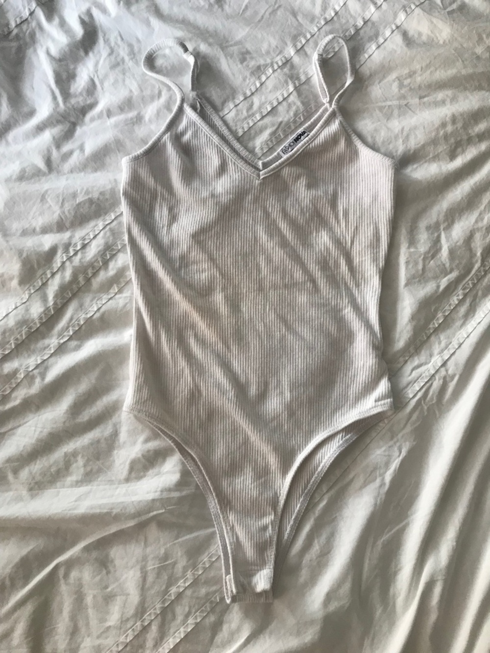 Fashion Nova White Ribbed Spaghetti Strap Bodysuit